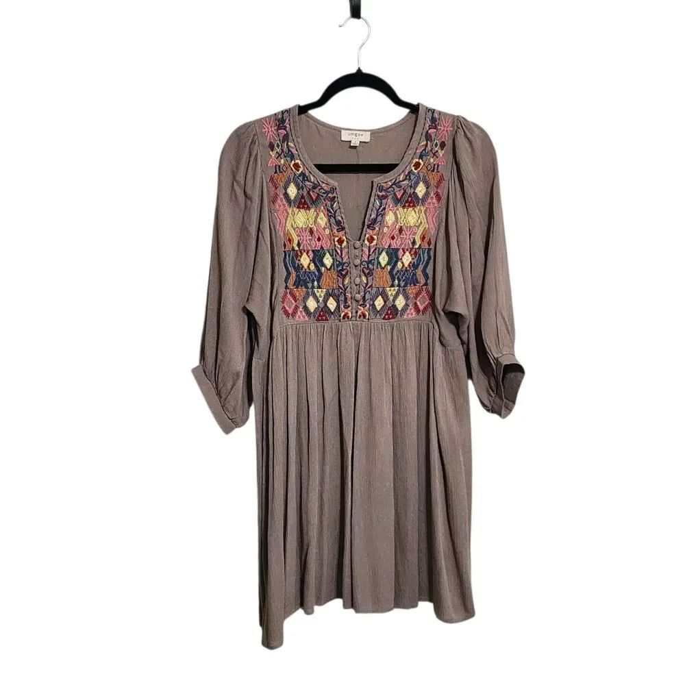 Umgee Tan Embroidered Long Sleeve Mini Dress S Country Western Boho Cowgirl